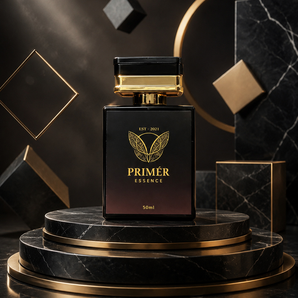 A 50ml bottle of PRIMÈR ESSENCE perfume centered on a tiered black marble pedestal with gold trim. The bottle is black with a gold leaf emblem and gold lettering, set against a dark background with gold geometric frames and marble blocks.