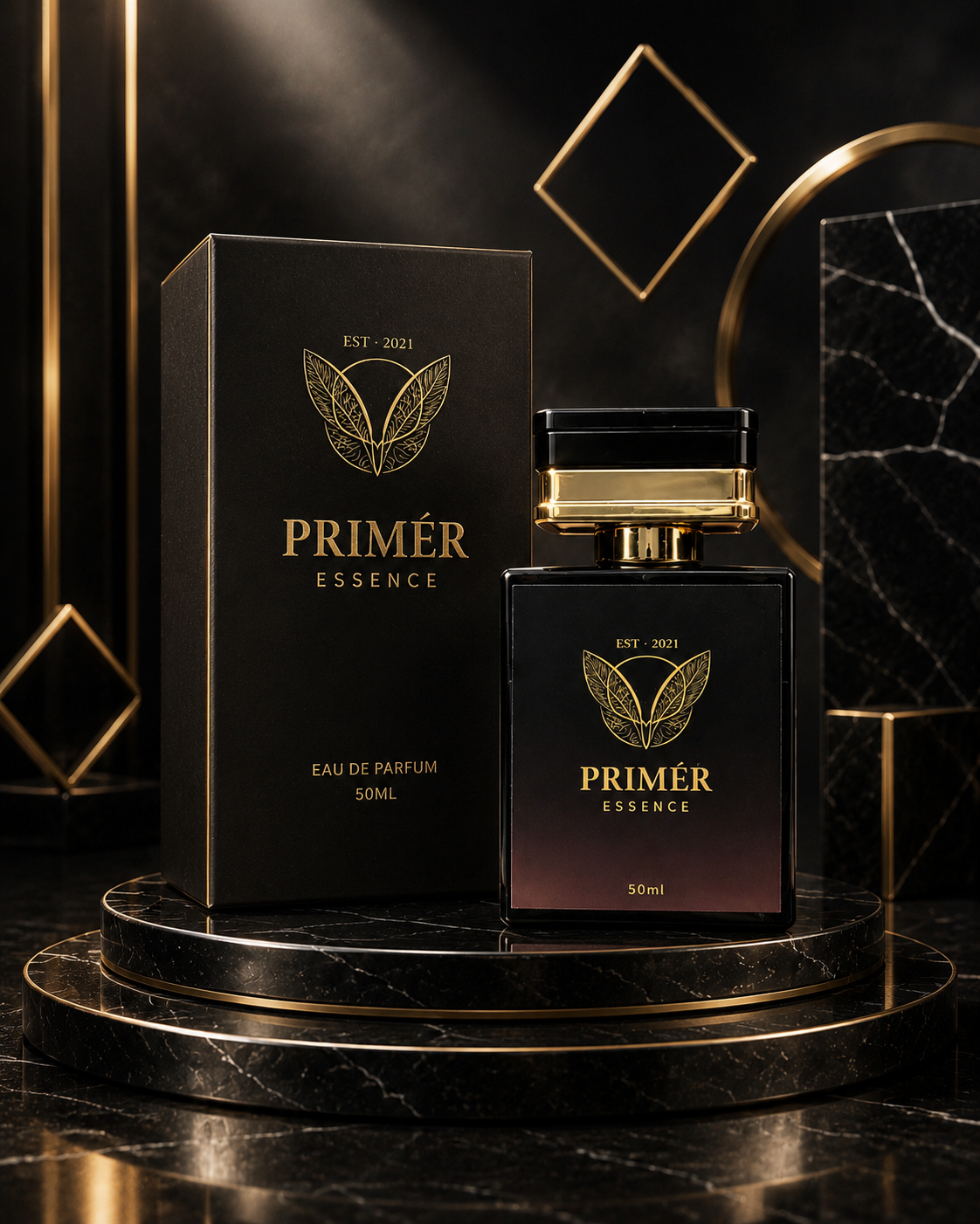 A 50ml bottle of PRIMÉR ESSENCE Eau de Parfum next to its black packaging box, both featuring gold lettering and a gold leaf emblem, displayed on a black marble pedestal with gold geometric accents.